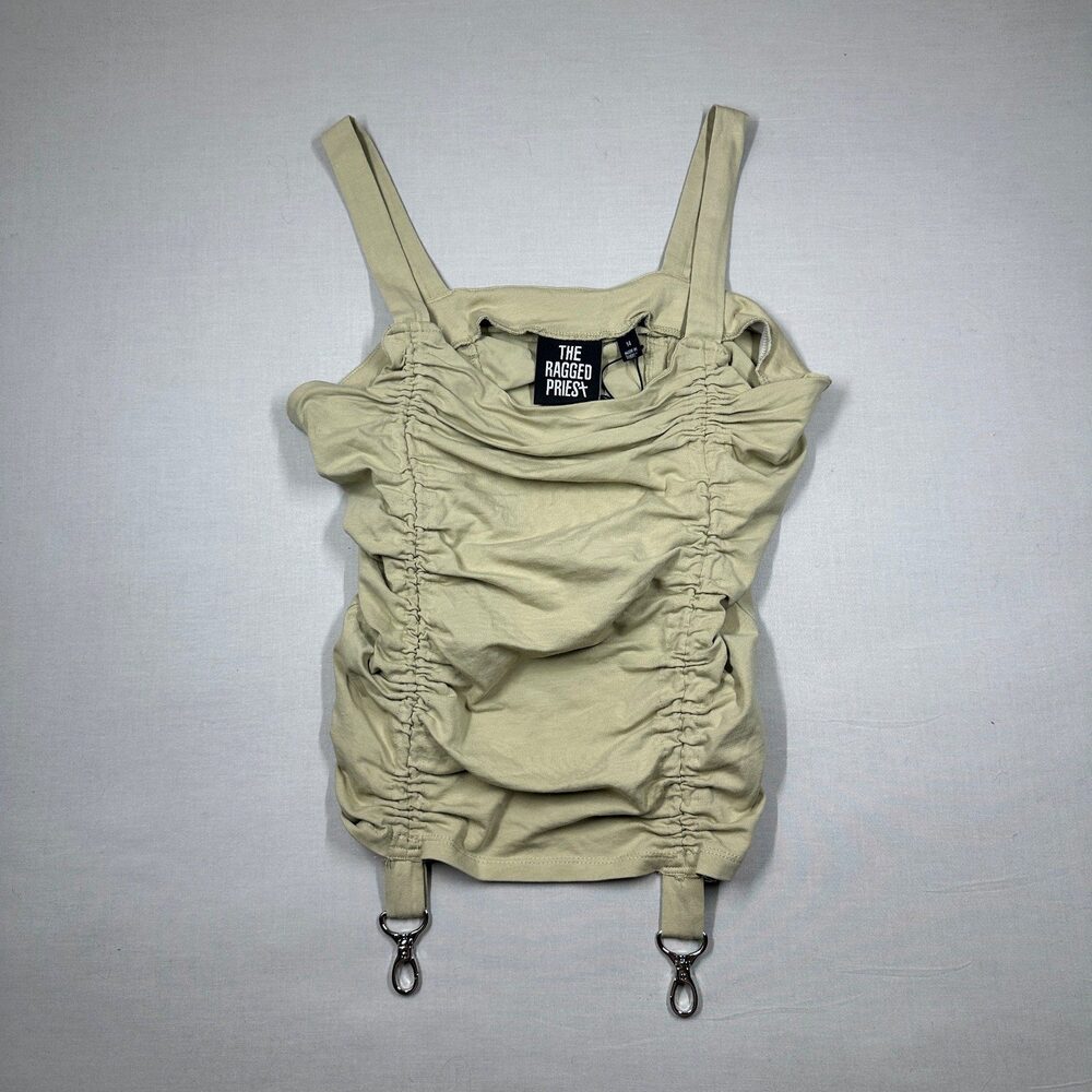Y2K The Ragged Priest Ruched Cami Top Sage Green Hook Clips Size 14